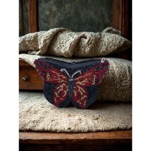 Vintage Handmade Beaded Neiman Marcus Butterfly Coin Purse Zipper Pouch